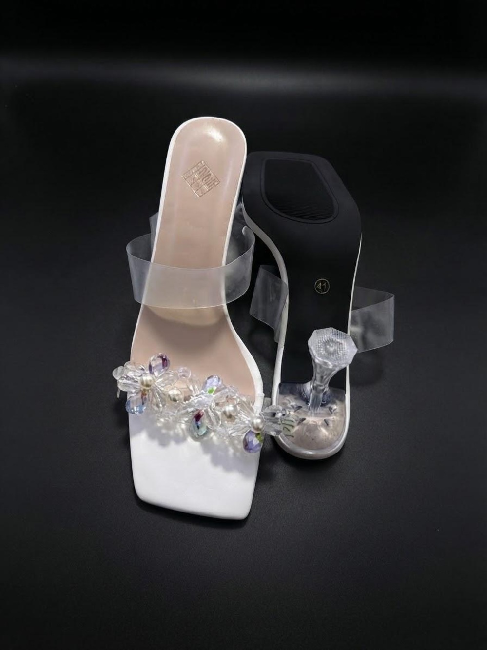 Crystal-Embellished White Slide Sandals with Clear Straps